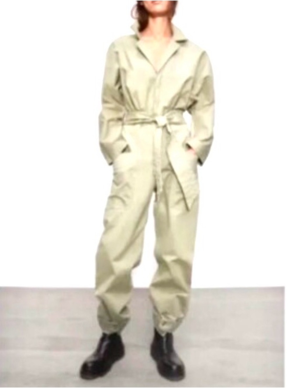 Zara Khaki Long Sleeve Jumpsuit Button Down with Waist Tie